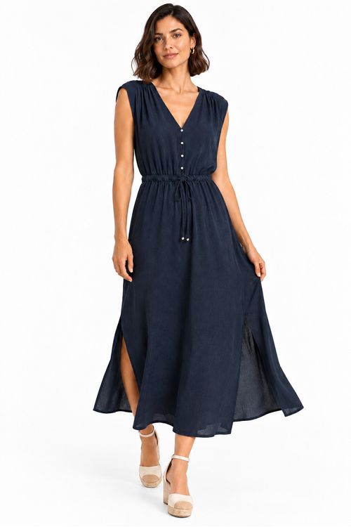 vestido midi drapeado ombro marinho..,